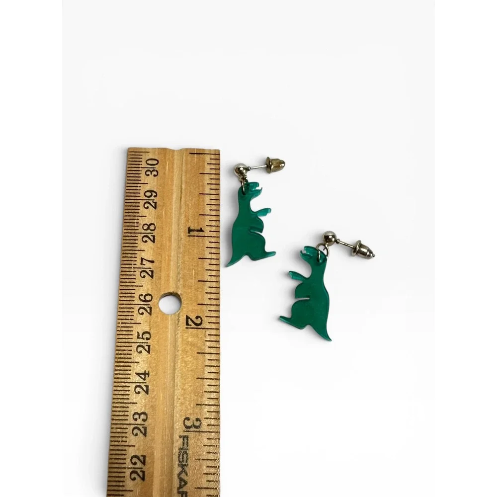 Novelty Dinosaur Drop Earrings Gold Tone w/Green Acrylic T-Rex Quirky Fun